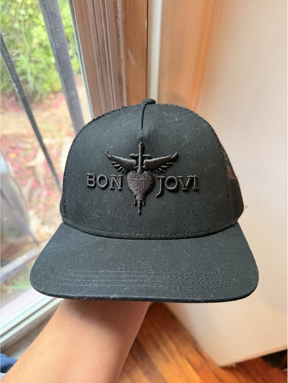 Bon Jovi Black On Black Trucker Hat Embroidered Winged Heart Dagger Snapback
